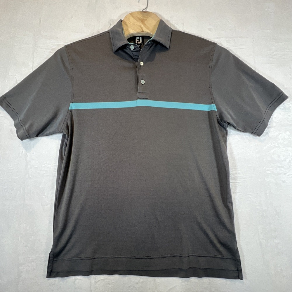 FootJoy Polo Shirt Mens Large Black w Blue Stripe Golf Performance Lightweight